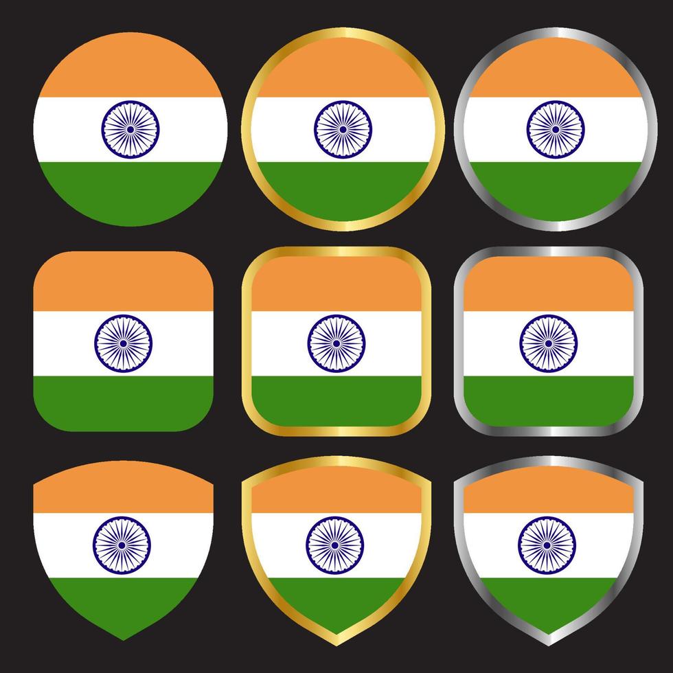 Indiase vlag vector icon set met gouden en zilveren rand