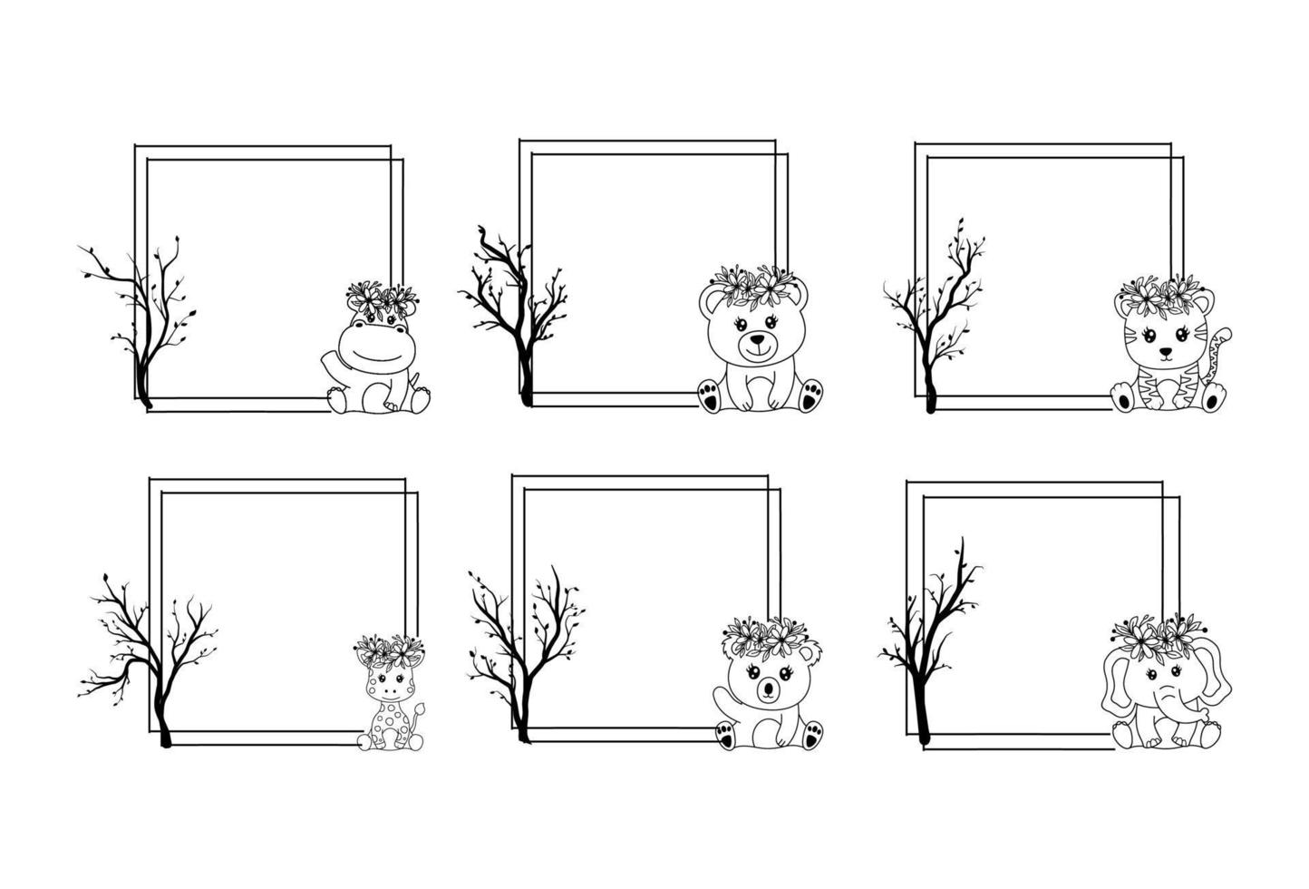 verzameling van frame met boomtak en schattig dier vector