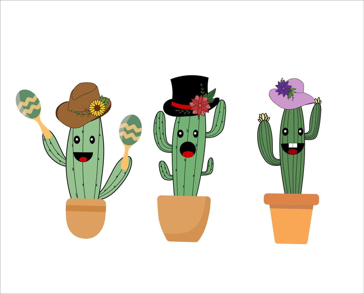 set groene cactusplantuitdrukkingen met hoed vector