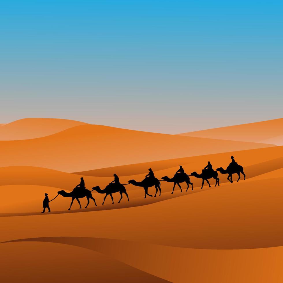 de kameelruiters van de silhouetkaravaan wandelen in de hete zon in de woestijn met vectorillustratie als achtergrond van de zandberg vector