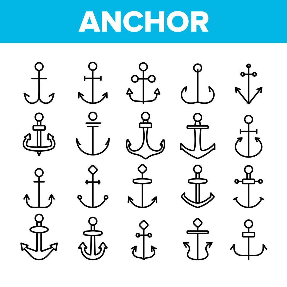 ankers, scheepsuitrusting vector lineaire pictogrammen set