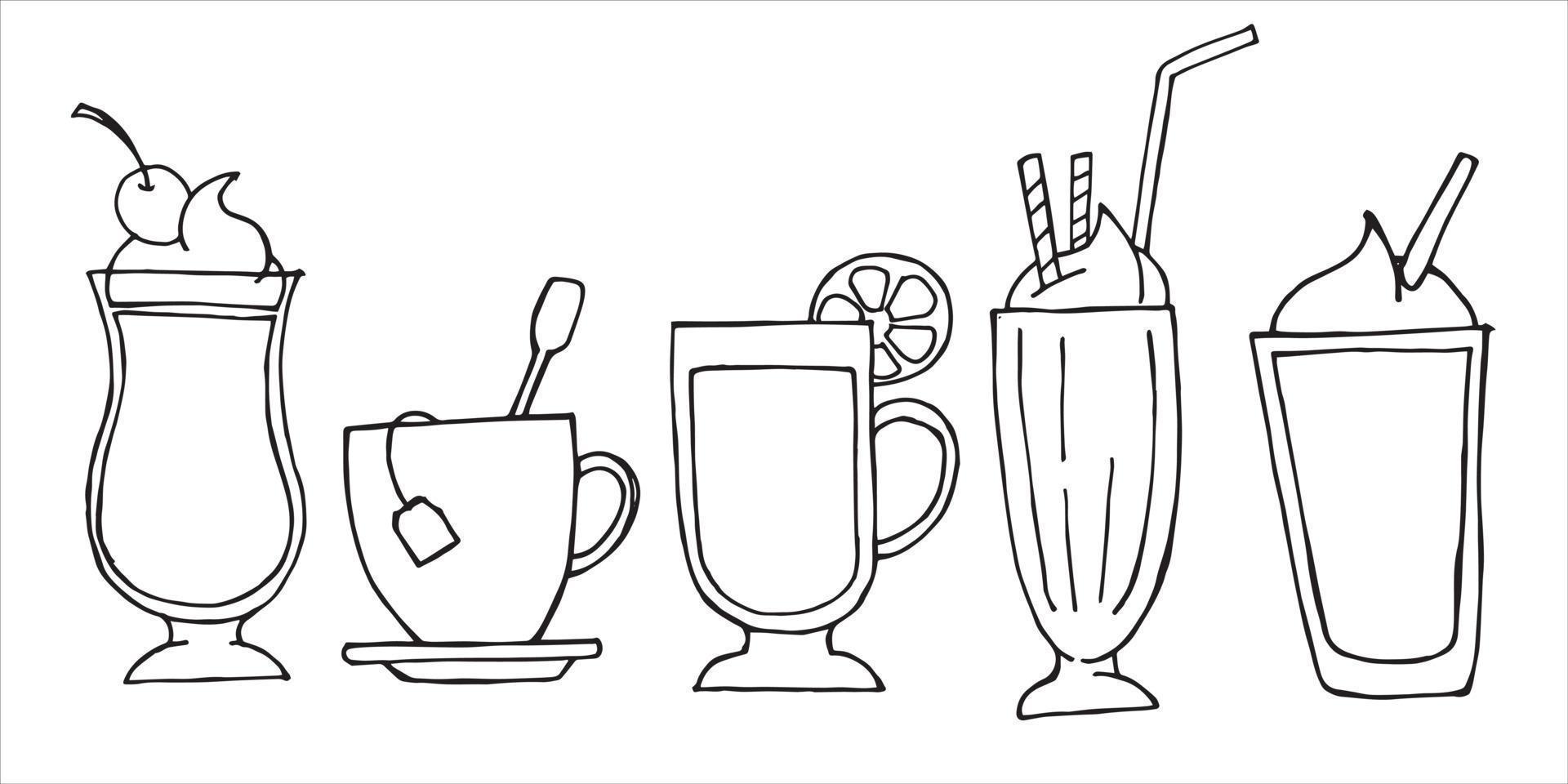 doodle stijl vectorillustratie. platte set van warme en koude dranken, koffiedranken en thee. thee met citroen, raff, koffie, milkshake. pictogrammen voor menu, café en restaurant. vector