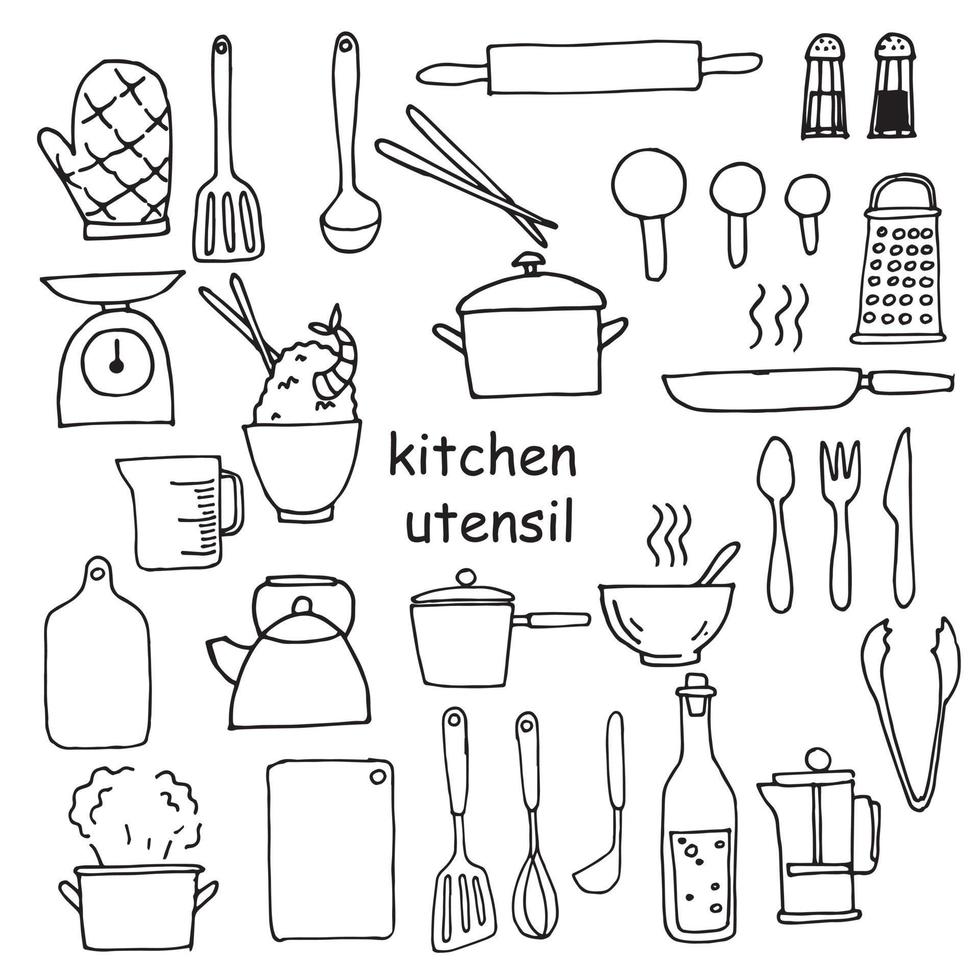vector tekening in de stijl van doodle. set keukengerei elementen, huiselijk leven, koken. gezellig thuis