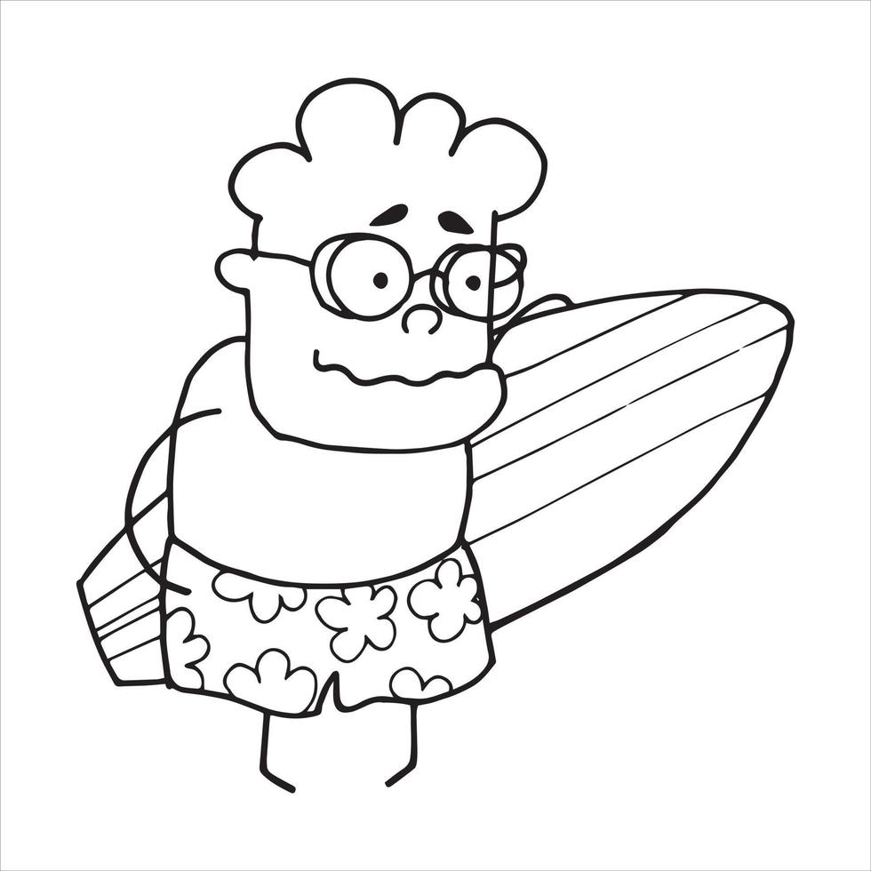 vectorillustratie in doodle stijl. oudere man, grootvader in een badpak en een surfplank. otpuks, de rest van de ouderen. grootvader gaat sporten. moderne gepensioneerden vector