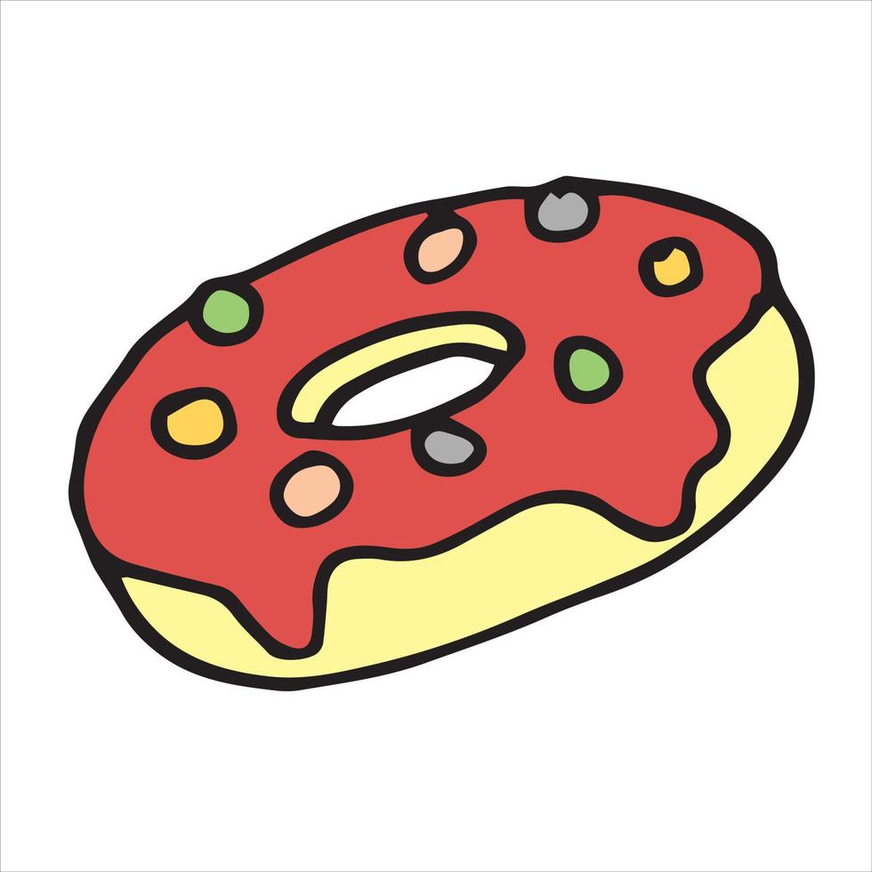 vectorillustratie in doodle stijl, tekenfilm. een donut. schattig donut icoon met roze suikerglazuur en topping. geïsoleerd op een witte achtergrond. clipart zoet dessert vector