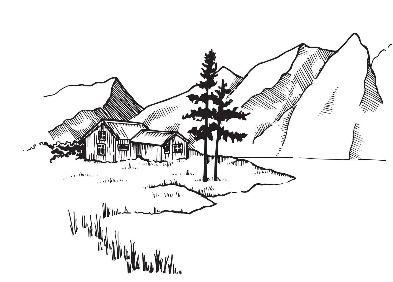 vector tekening, zwart-wit landschap, afbeeldingen, gravure. landelijk huis, oever van het meer en bergen. alpenweiden. vintage stijl illustratie