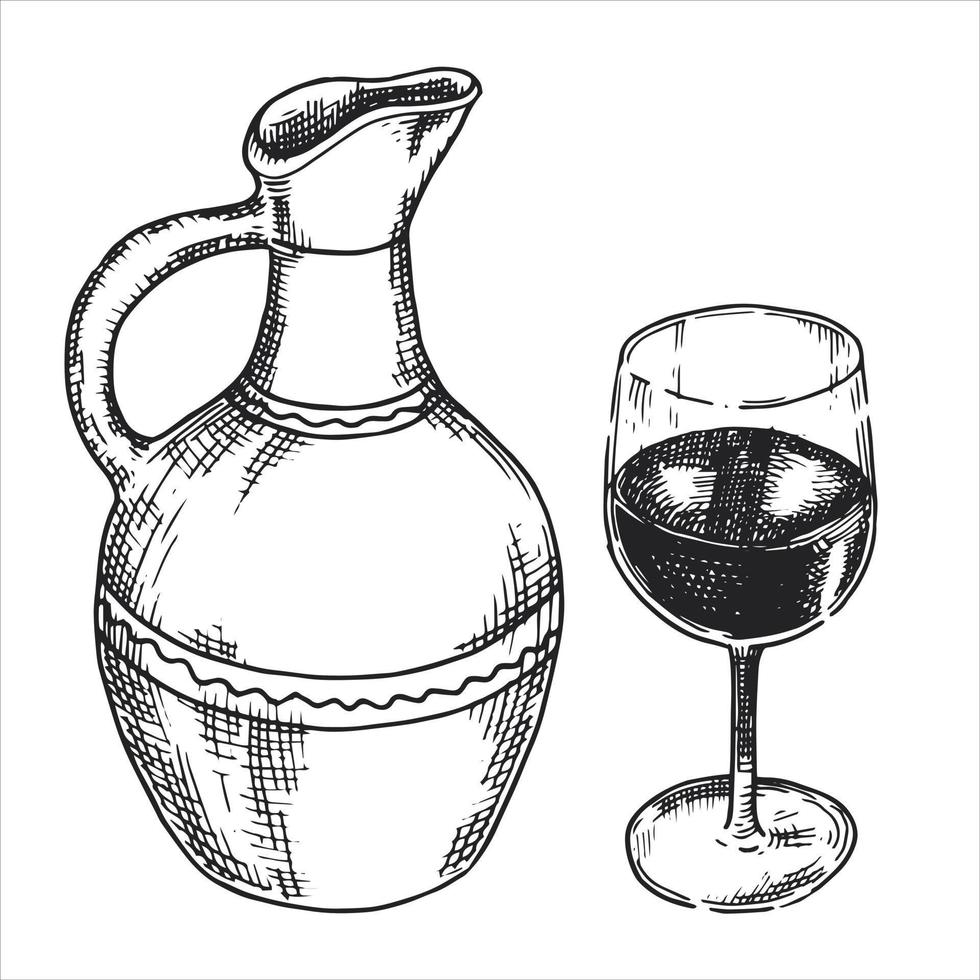 vector tekening, schets. een kan wijn en een glas wijn. Georgische keuken, nationale keuken, zelfgemaakte wijn. grafische illustratie