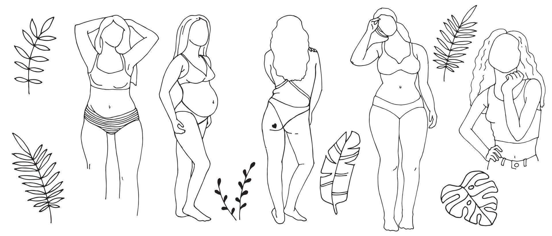 doodle stijl vectorillustratie, lijntekening. silhouetten van verschillende vrouwen in een bikini. jonge vrouwen met verschillende figuren in badpakken, eenvoudige tekening. body positive, feminisme, strandvakantie vector