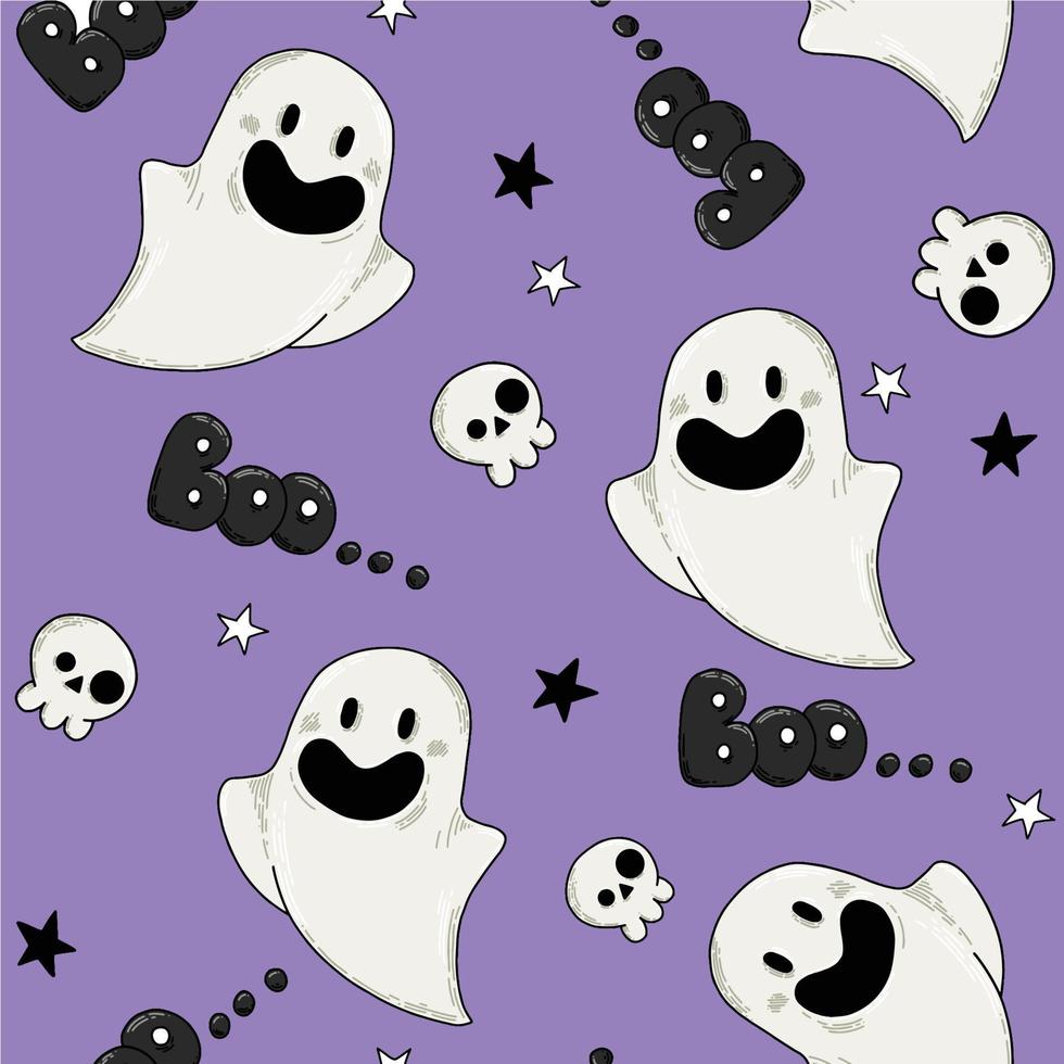 naadloos patroon voor halloween. schattige personages, spoken, pompoenen, skeletten op een blauwe achtergrond. afdrukken voor kinderen vector