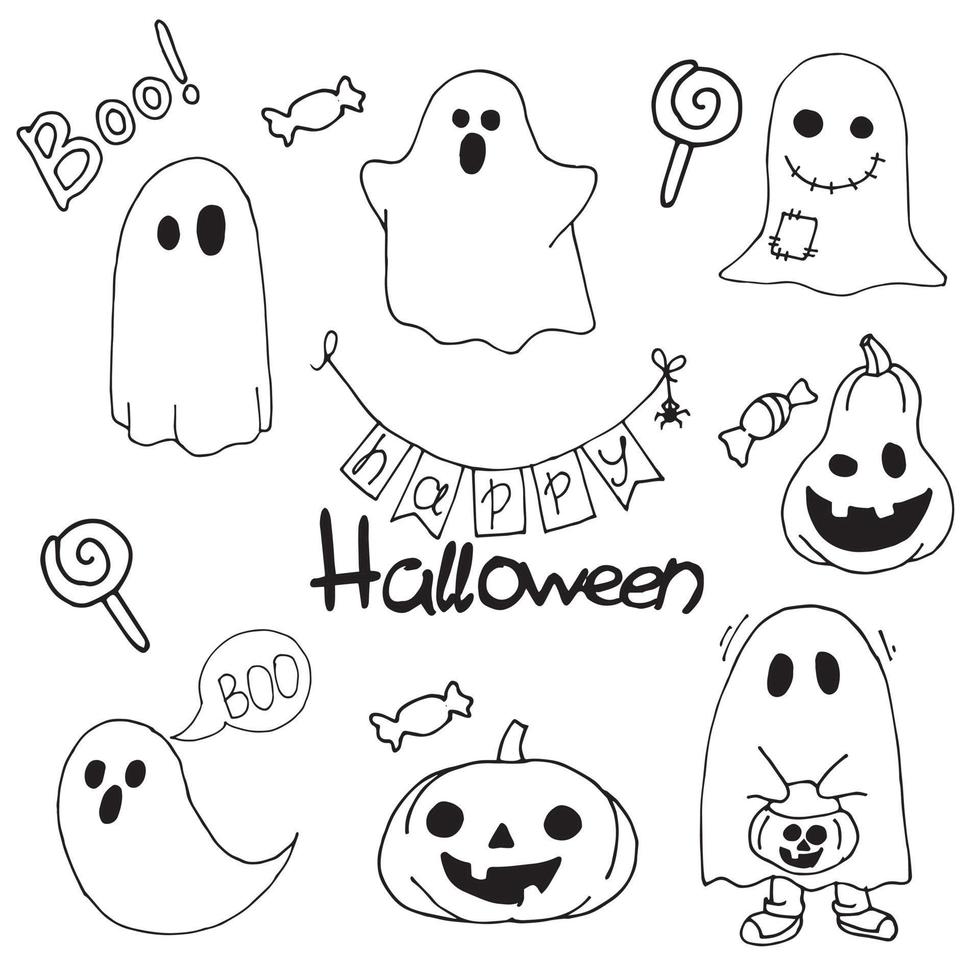 set illustraties in de stijl van doodle op het thema halloween. eenvoudige schattige tekeningen met geesten, pompoenen en snoep. grappige foto's voor kinderen vector