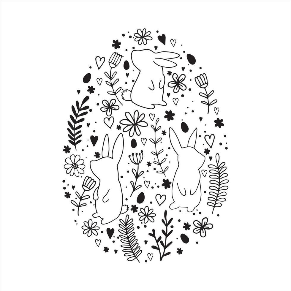 vectorillustratie. compositie in de vorm van een paasei met schattige paashazen, hazen, lentebloemen en kruiden. tekening in doodle-stijl, zwart-witte lijnafbeeldingen vector