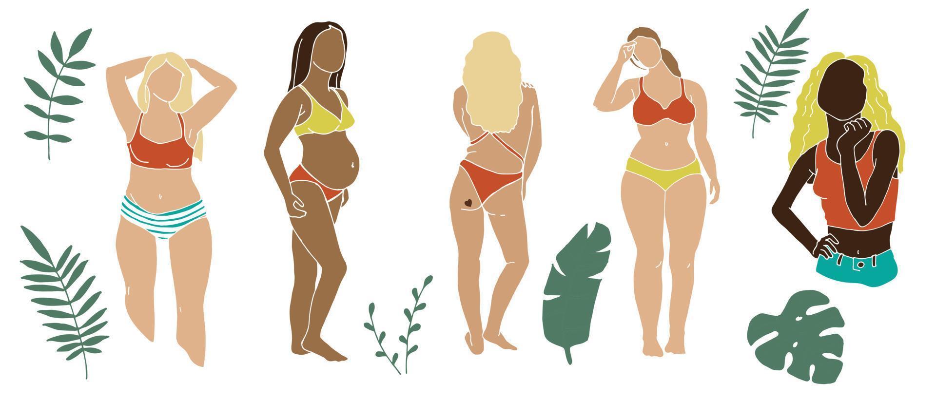 vectorillustratie, zomerset. vrouwen van verschillende nationaliteiten in badpakken, bikini's. lichaam positief, silhouetten van verschillende jonge vrouwen op zomervakantie op het strand geïsoleerd op wit vector