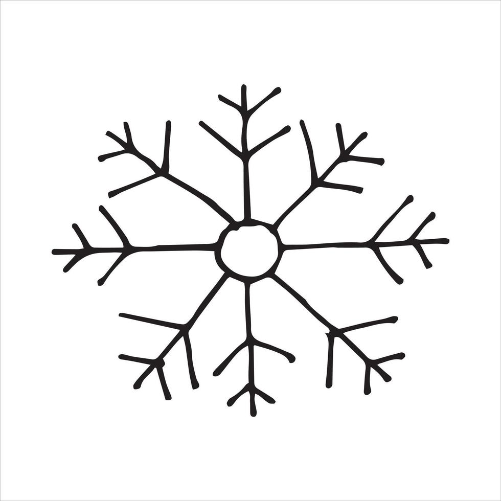 vectorillustratie in doodle stijl. leuke eenvoudige sneeuwvlok. sneeuwvlok in Scandinavische stijl, lijntekening geïsoleerd op een witte achtergrond. clip art vector