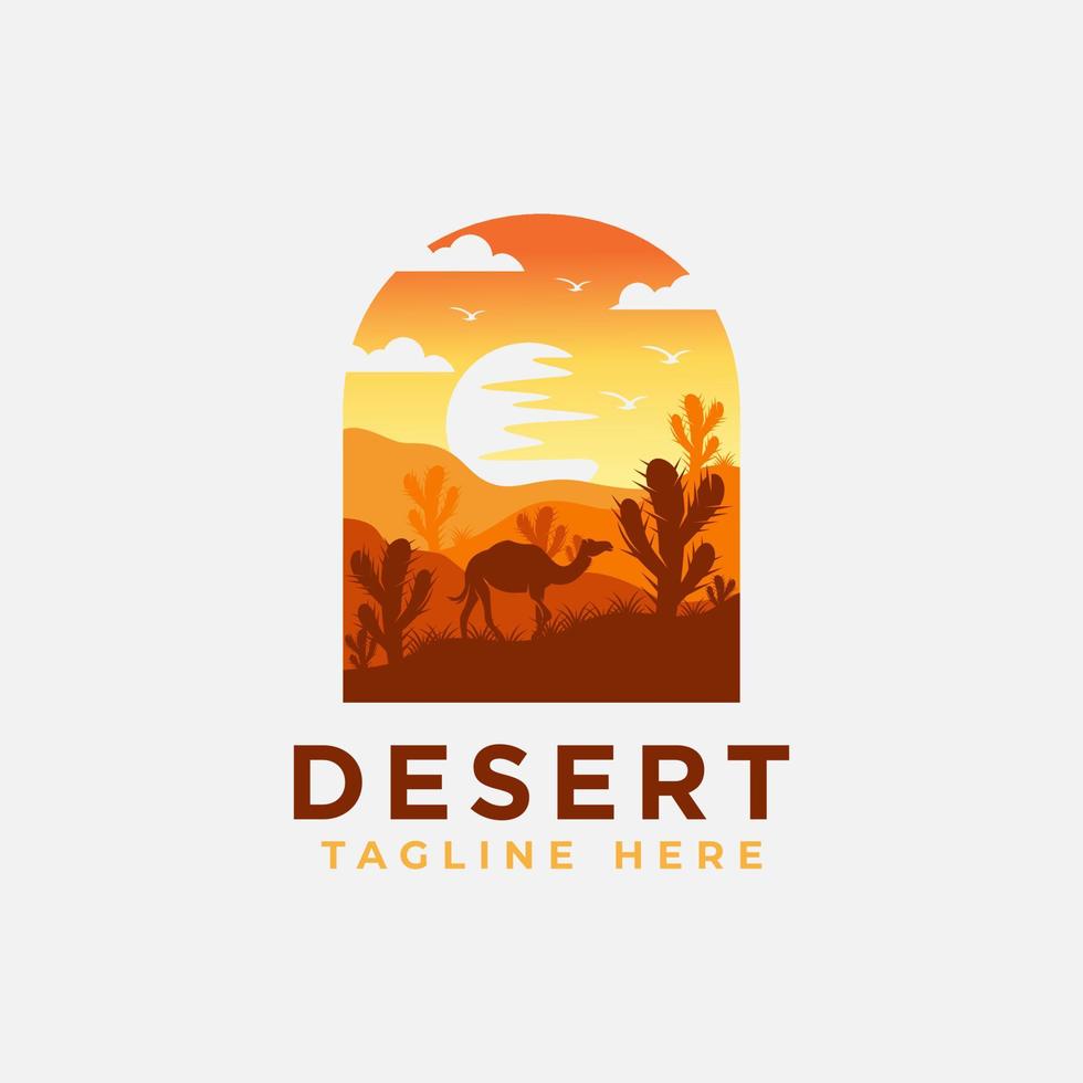 woestijn logo ontwerpsjabloon met zonsondergang en een silhouet van een kameel. vector illustratie