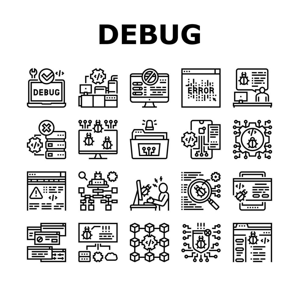 debug onderzoek en fix collectie iconen set vector