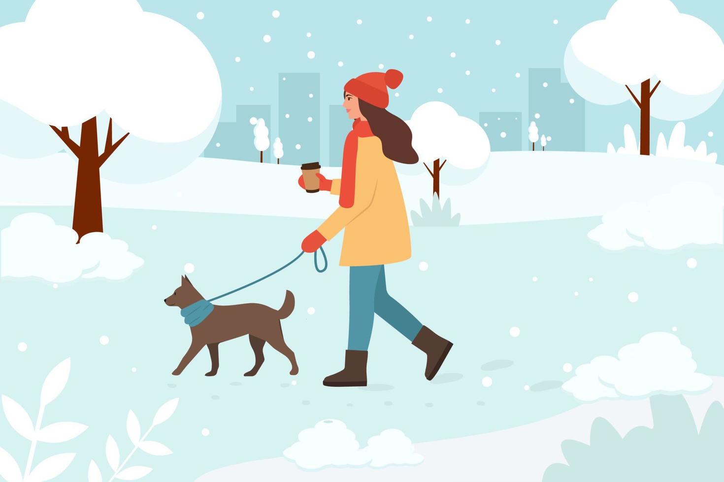 vrouw wandelen met honden in de winter. vrouw toonaangevende huisdier aangelijnd bij koud weer met sneeuw. vrouw met hond. wintertijd. koffie bij de hand. platte vectorillustratie. vector