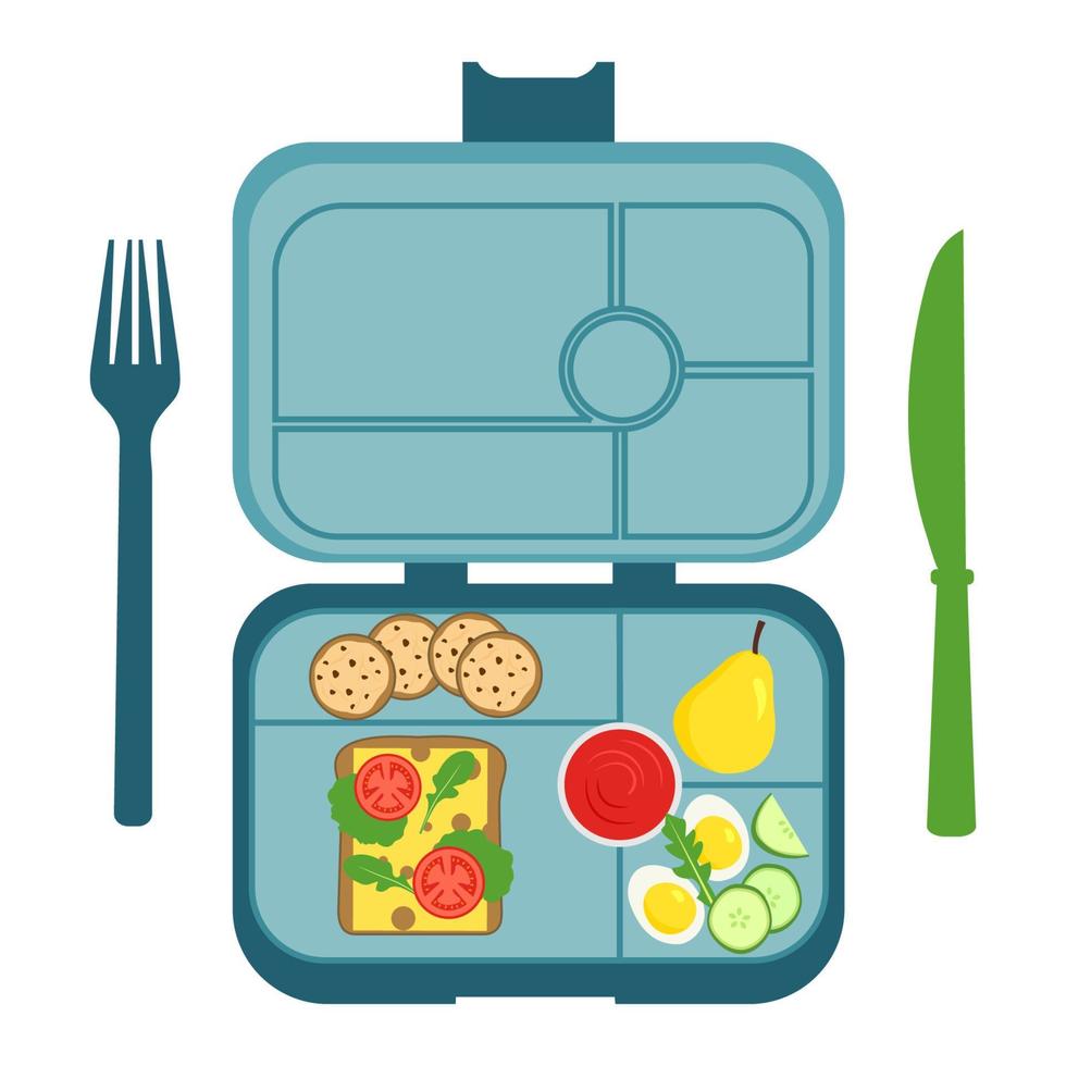 lunchbox - maaltijdcontainer met sandwich, peer, eieren, ketchup, cookies.schoolmaaltijd, kinderlunch. gezonde maaltijden storage.vector illustratie in vlakke stijl, geïsoleerd op een witte achtergrond vector