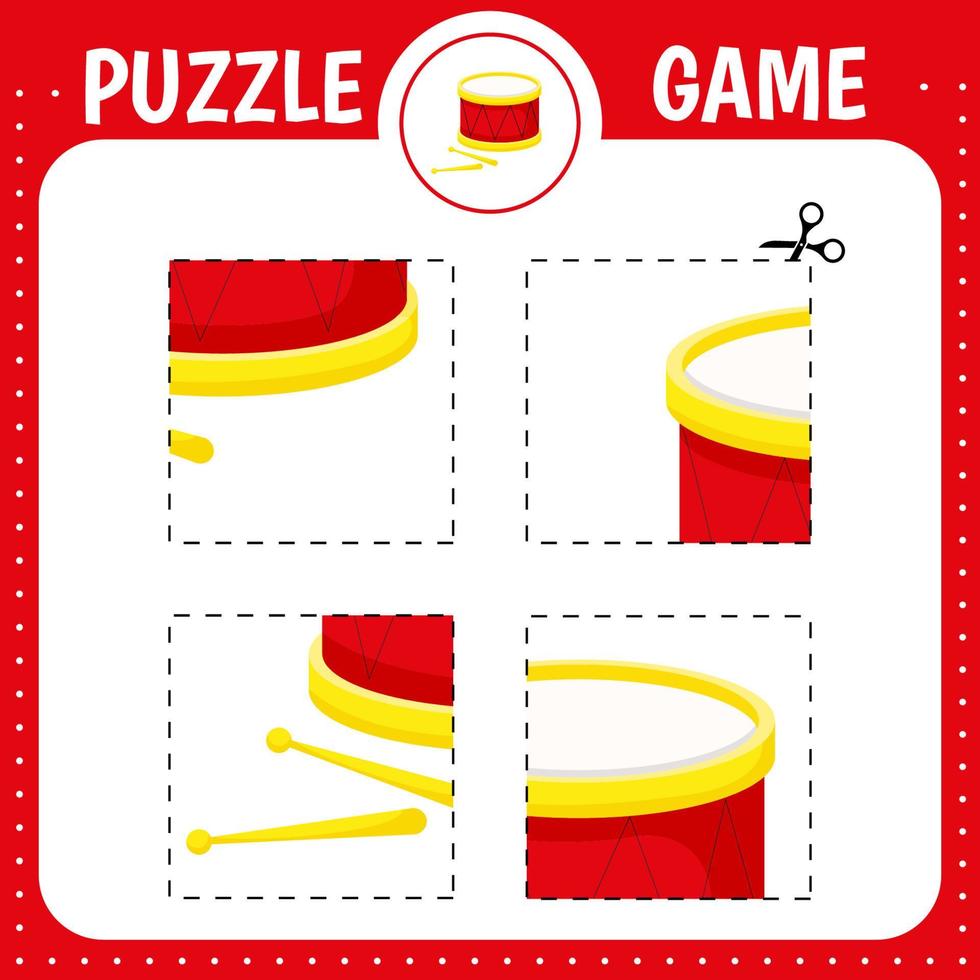 puzzel educatief spel voor kinderen. snijden praktijk. snij- en lijmtrommel. onderwijs ontwikkelen werkblad. activiteiten pagina. vector
