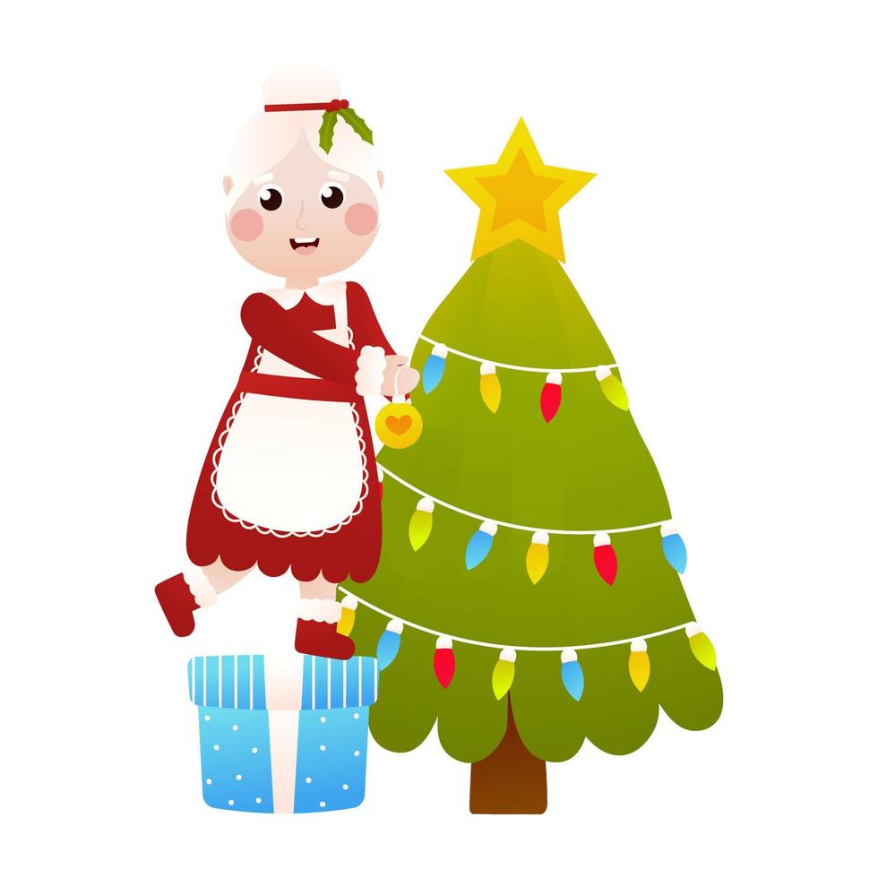 mevrouw de kerstman karakter versieren kerstboom en geschenkdozen in cartoon-stijl op witte achtergrond vector