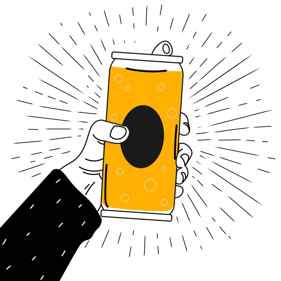 hand vasthouden kan met bier of limonade in zwarte en gele kleuren geïsoleerd op een witte achtergrond vector