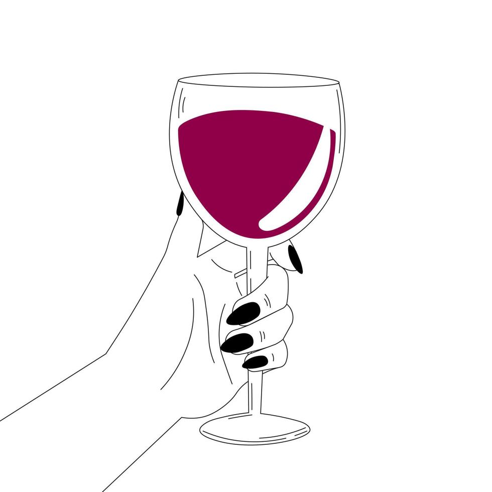 vrouw hand met wijnglas, wijnliefhebber of zelfzorg concept geïsoleerd op een witte achtergrond in zwart-wit stijl vector