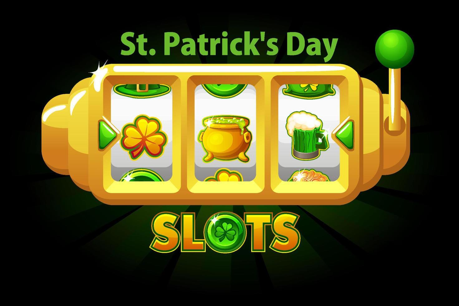 st. patricks day-gokautomaat, klaver jackpot-symbool voor ui-spel. vector illustratie banner winnen met vakantie tekenen gokautomaat voor design.