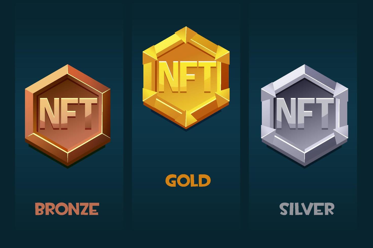 nft-awardbadge voor gamebronnen in verschillende metalen. gouden, zilveren en bronzen award badge. cryptocurrency, nft-token internetvaluta van de toekomst. vector