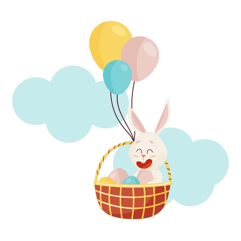 lachend konijn zit in mand met eieren, wolken en ballonnen vector