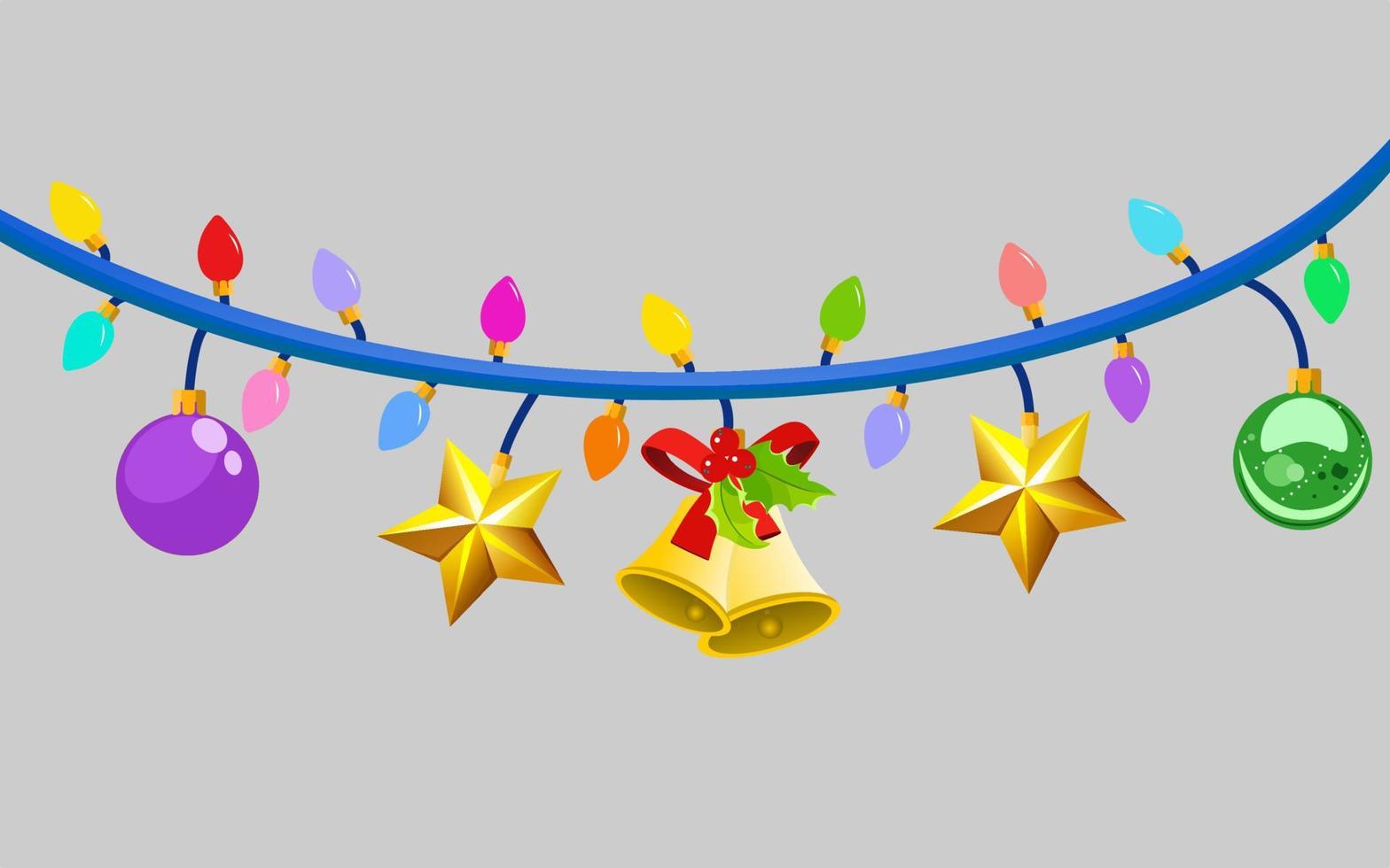 Kerstverlichting en Nieuwjaar op grijze achtergrond met feestelijke decoratie vector rood, geel, blauw, groen, kerstballen, ster en lint hoolly bells gloeilampen op draad snaren. feestelijke vector sjabloon.