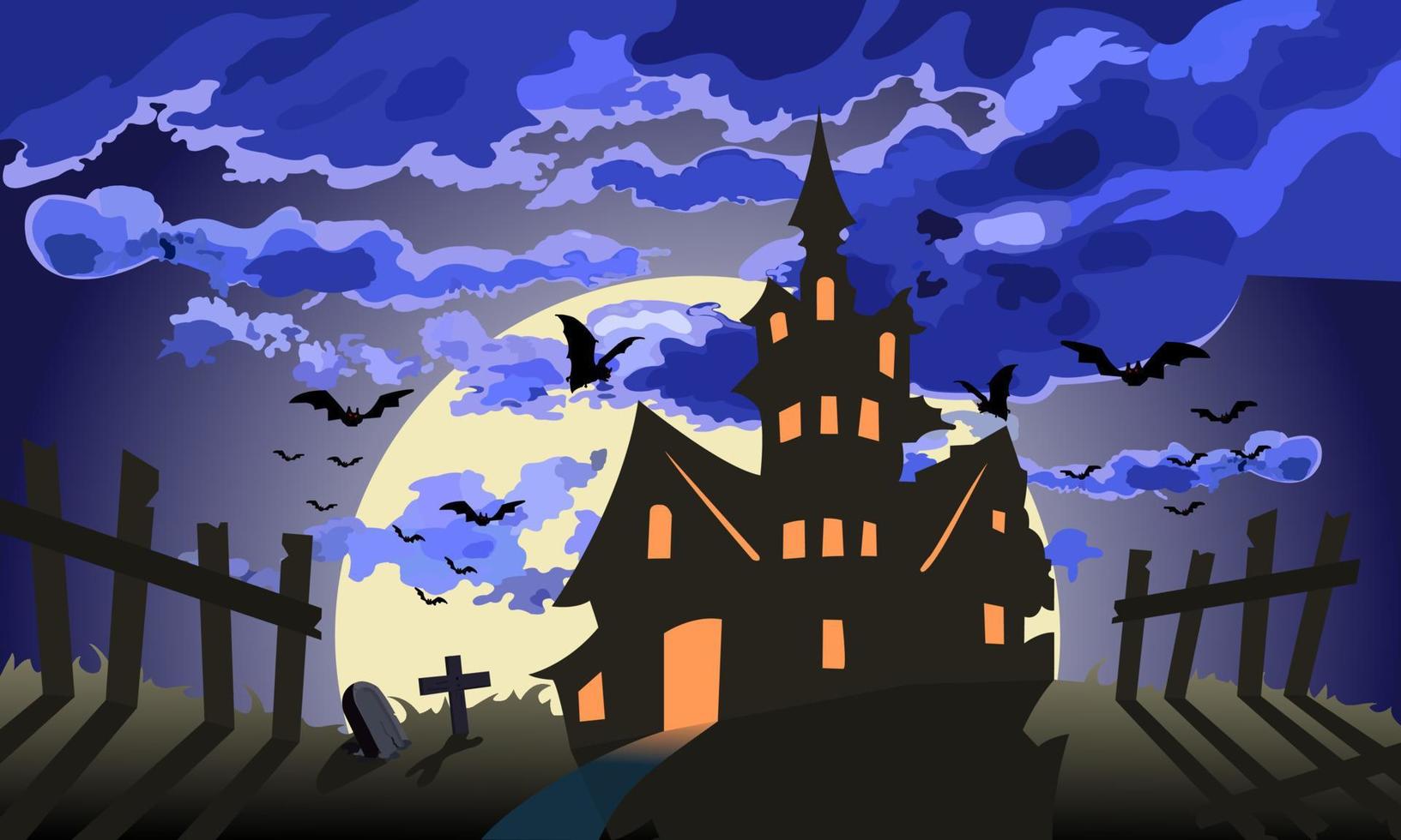 halloween griezelig donker kasteel, maan schijnt helder, zwerm vliegende vleermuizen, oude houten omheining, kruisen en begraafplaatsen. vector