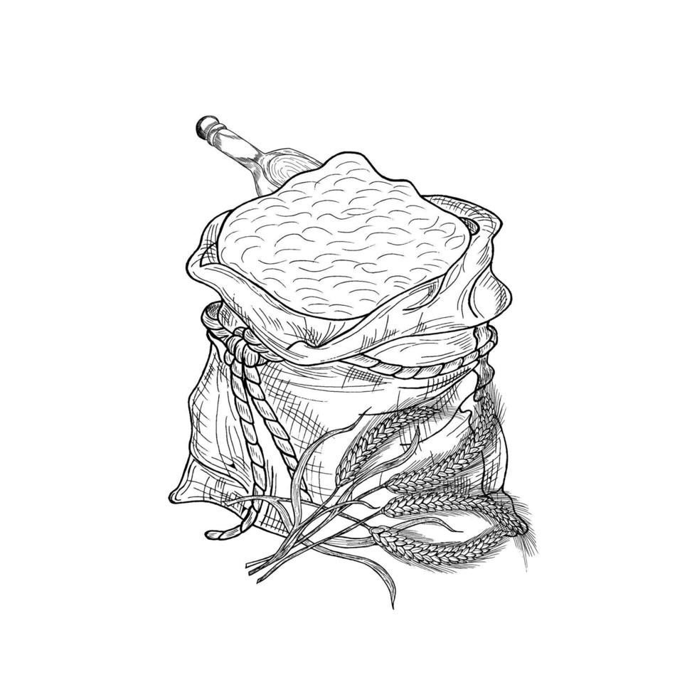 vectorillustratie van een zak met meel en tarwe oren. hand getekend. vector