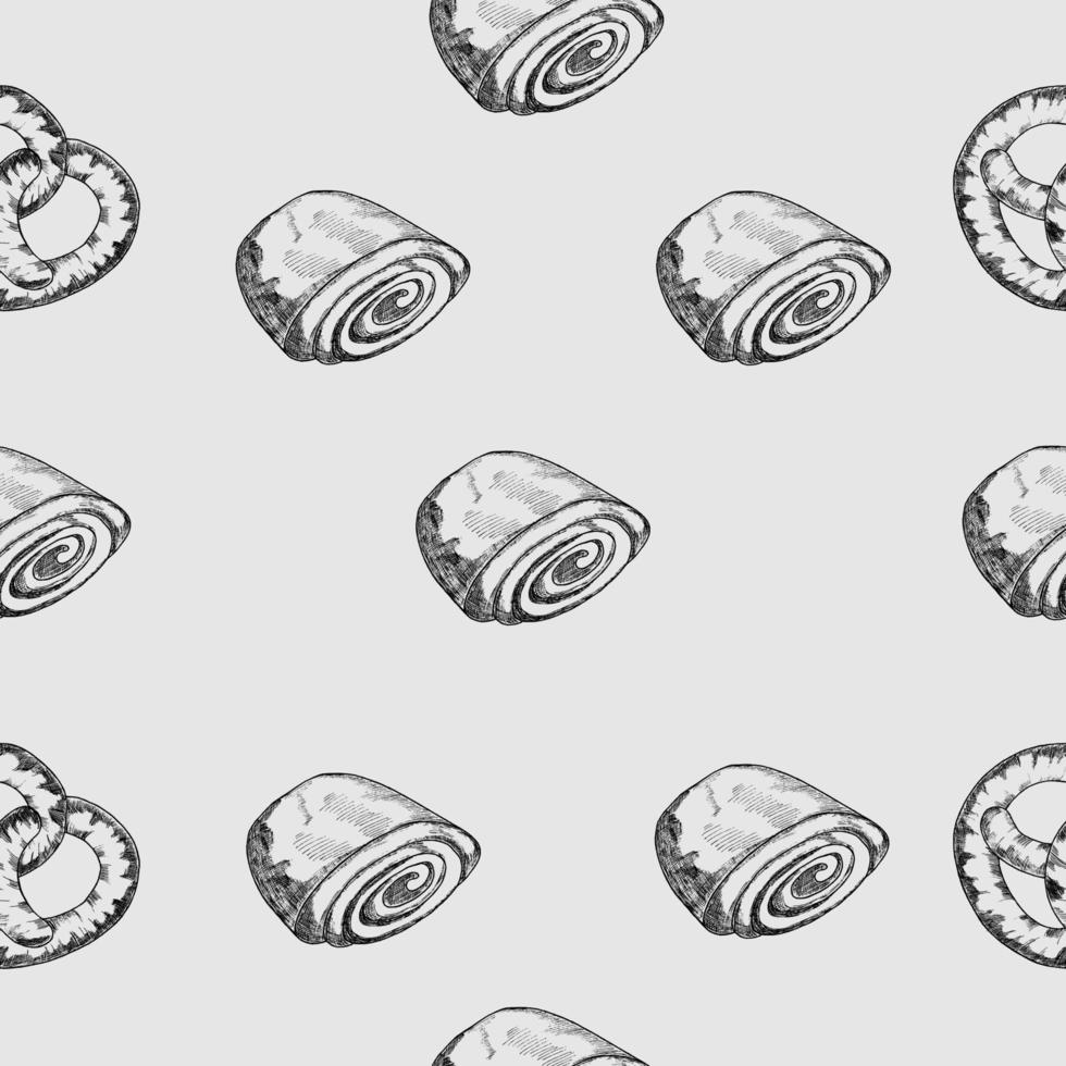 bakkerijproducten. naadloos patroon. jam bun, pretzel.an illustratie gemarkeerd op een grijze background.for het ontwerp van bakkerijproducten, etiketten, verpakkingen. vector