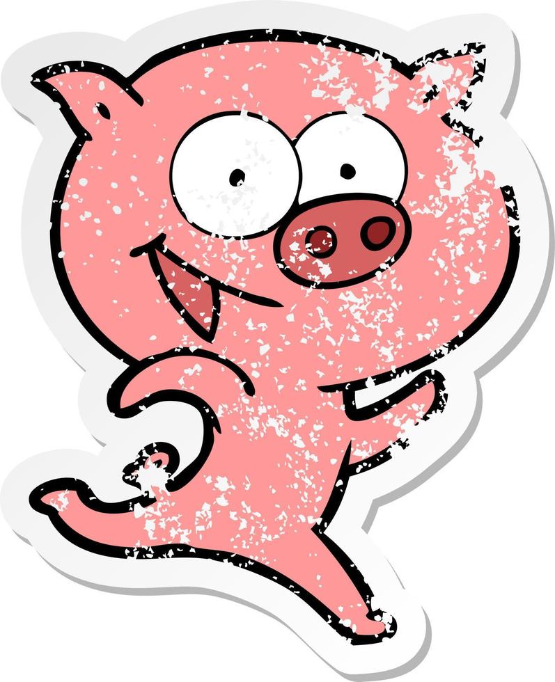 verontruste sticker van een vrolijke cartoon van een rennend varken vector