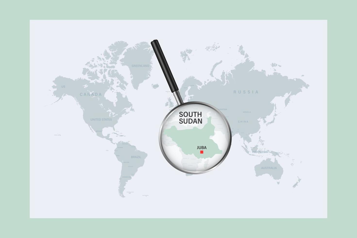 kaart van zuid-soedan op politieke wereldkaart met vergrootglas vector