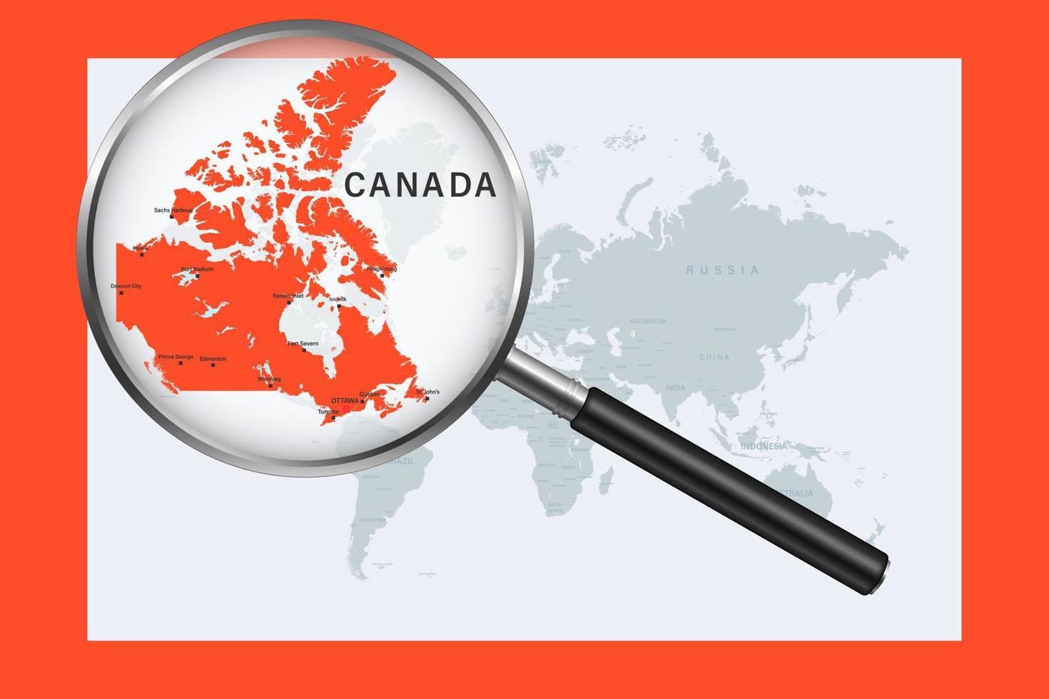 kaart van canada op politieke wereldkaart met vergrootglas vector