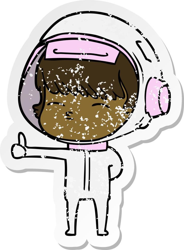 verontruste sticker van een cartoon nieuwsgierige astronaut die duimen omhoog geeft vector