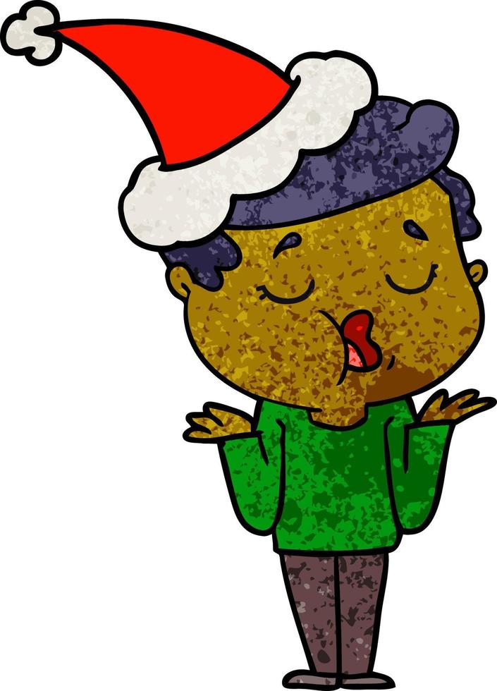 getextureerde cartoon van een man die praat en zijn schouders ophaalt met een kerstmuts vector