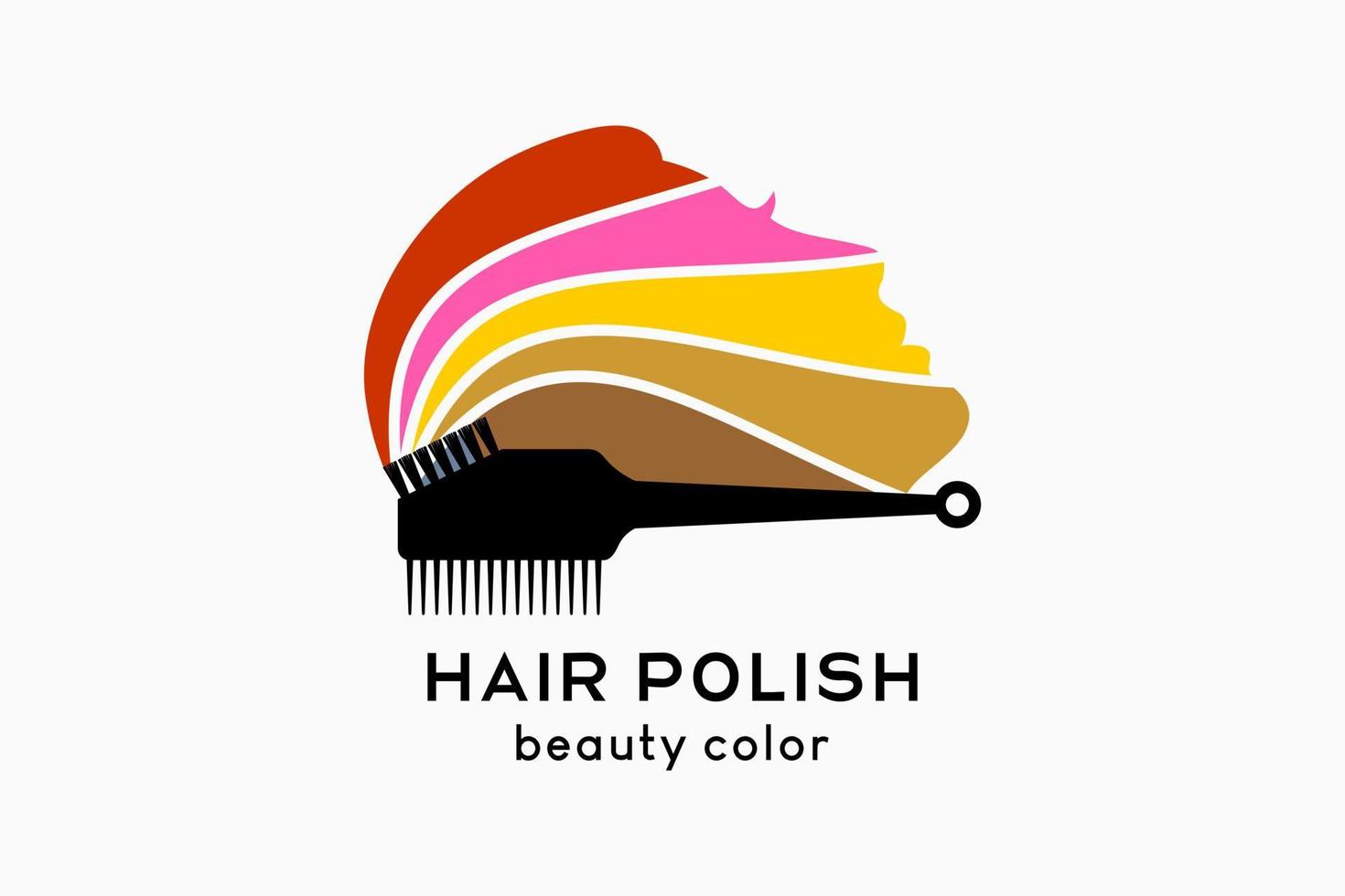 haarverf of haarlak logo-ontwerp, borstelkam silhouet vermengt zich met het hoofd van de vrouw in creatief kleurrijk concept vector