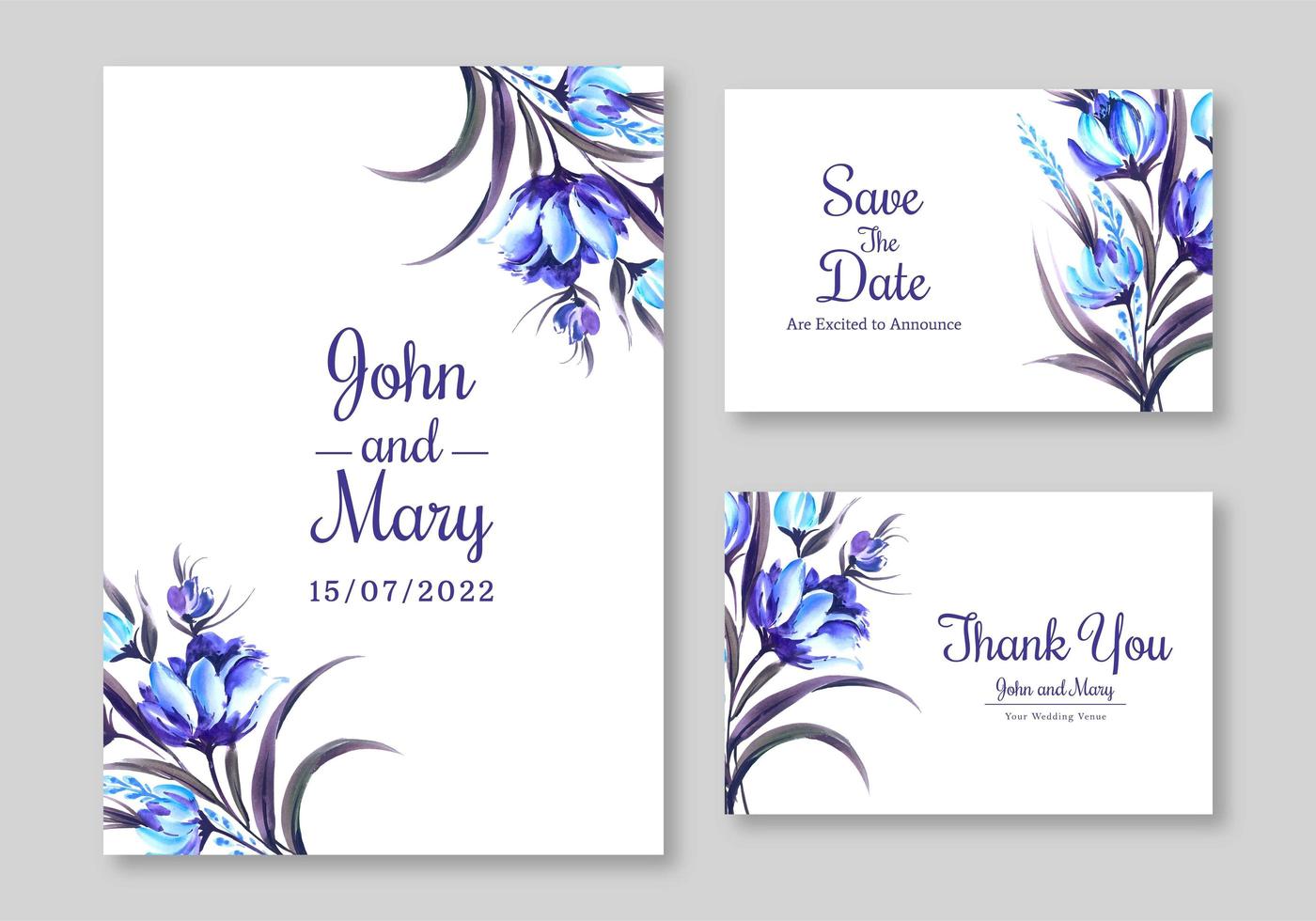 blauwe bloemen bruiloft uitnodiging set vector