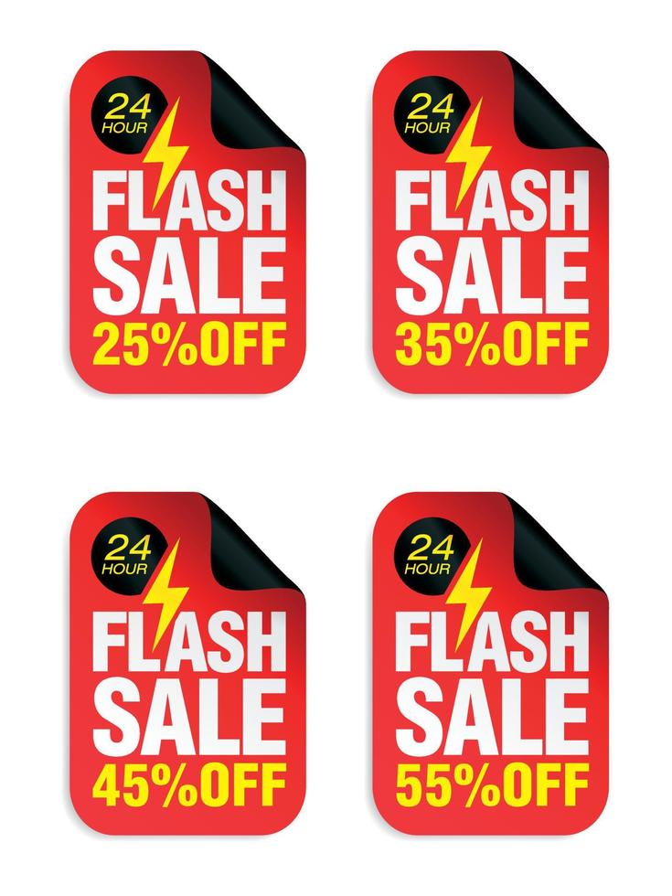 flash verkoop rode sticker set. uitverkoop 25, 35, 45, 55 procent korting vector