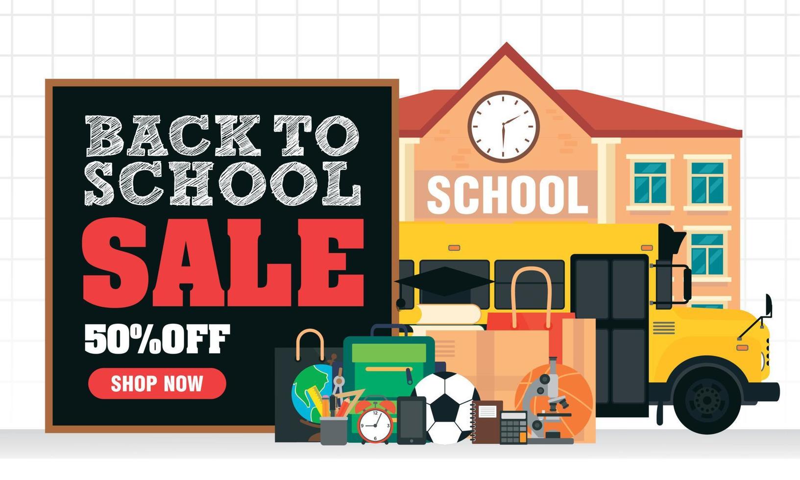 Welkom terug op school. terug naar school verkoop 50 procent korting op conceptontwerp platte banner vector