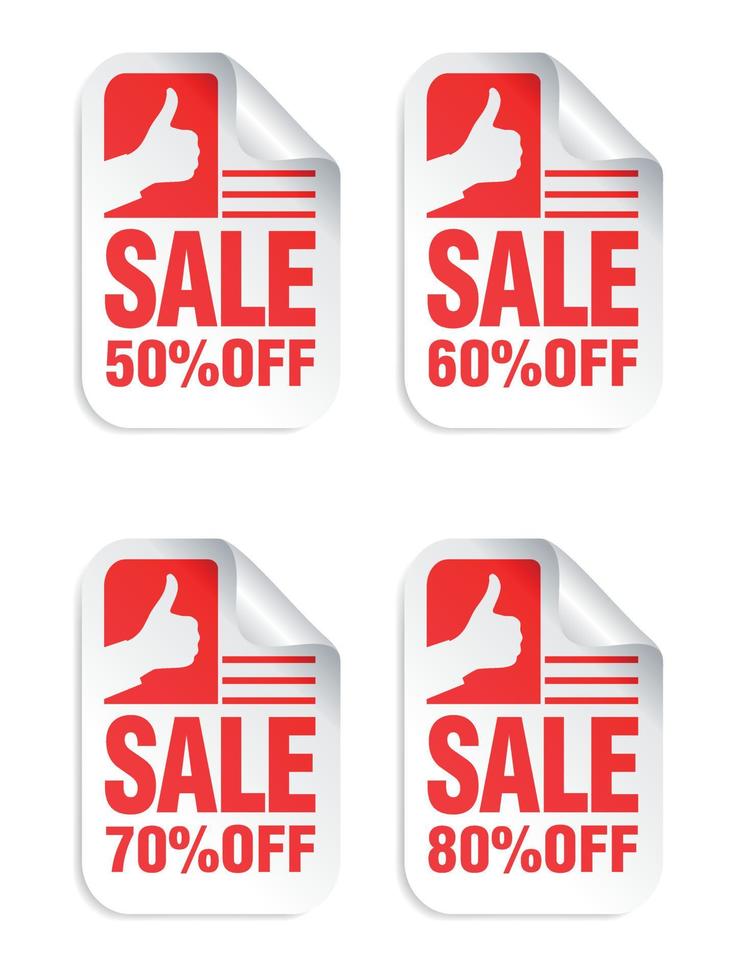 witte verkoop stickers set met handpictogram. verkoopstickers 50, 60, 70, 80 procent korting vector