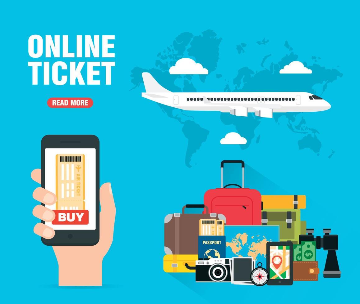 online ticket kopen. tijd om te reizen conceptontwerp platte banner met vliegtuig vector