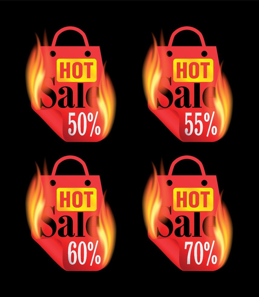 hete verkoop stickers set met rood brandend pakket. uitverkoop stickers 50, 55, 60, 70 procent korting vector