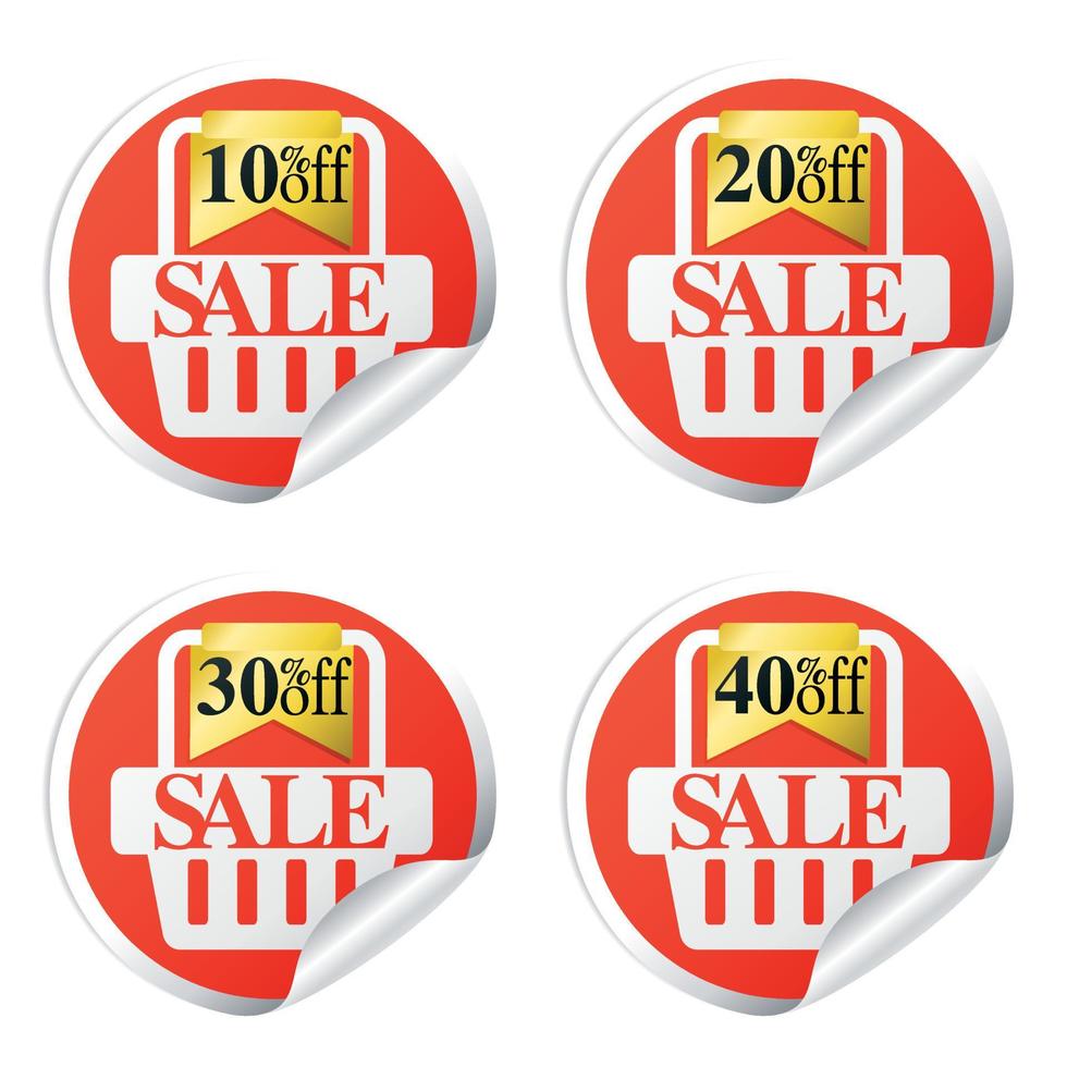 sale stickers met winkelmandje 10,20,30,40 procent korting vector