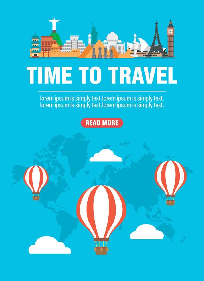 tijd om te reizen conceptontwerp platte banner. rond de wereld. ballon reizen vector