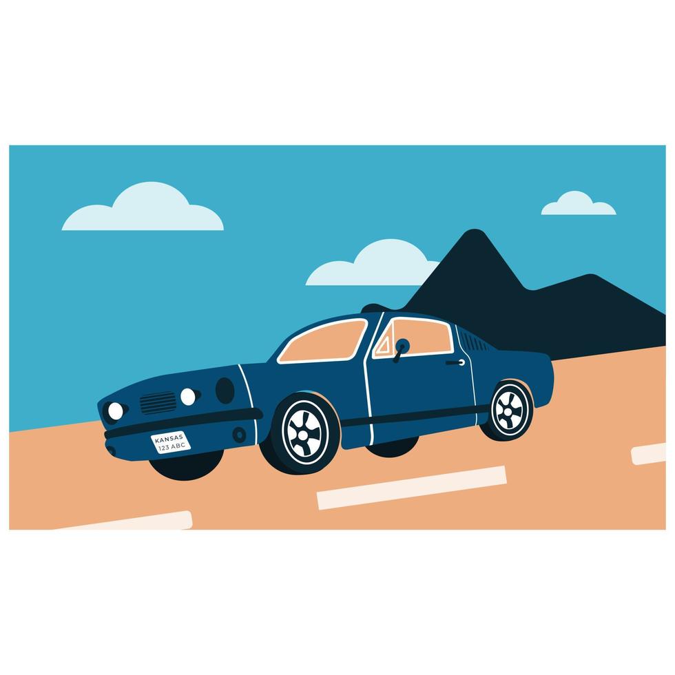 blauwe retro auto op kleurrijke achtergrond met weg en berg in vector