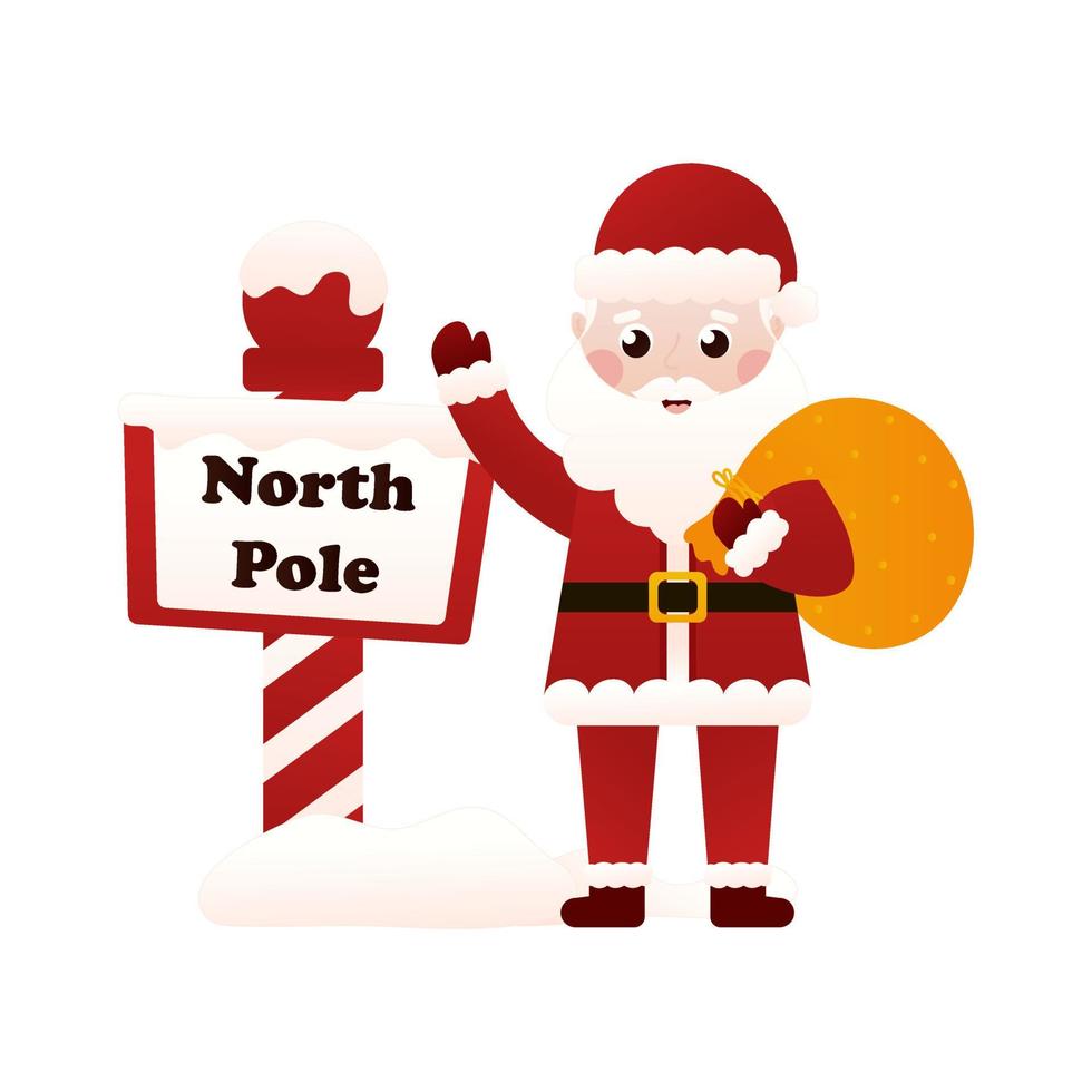 santa claus karakter zwaaiende hand en houden tas met geschenken in de buurt van noordpool teken in cartoon stijl op witte achtergrond vector