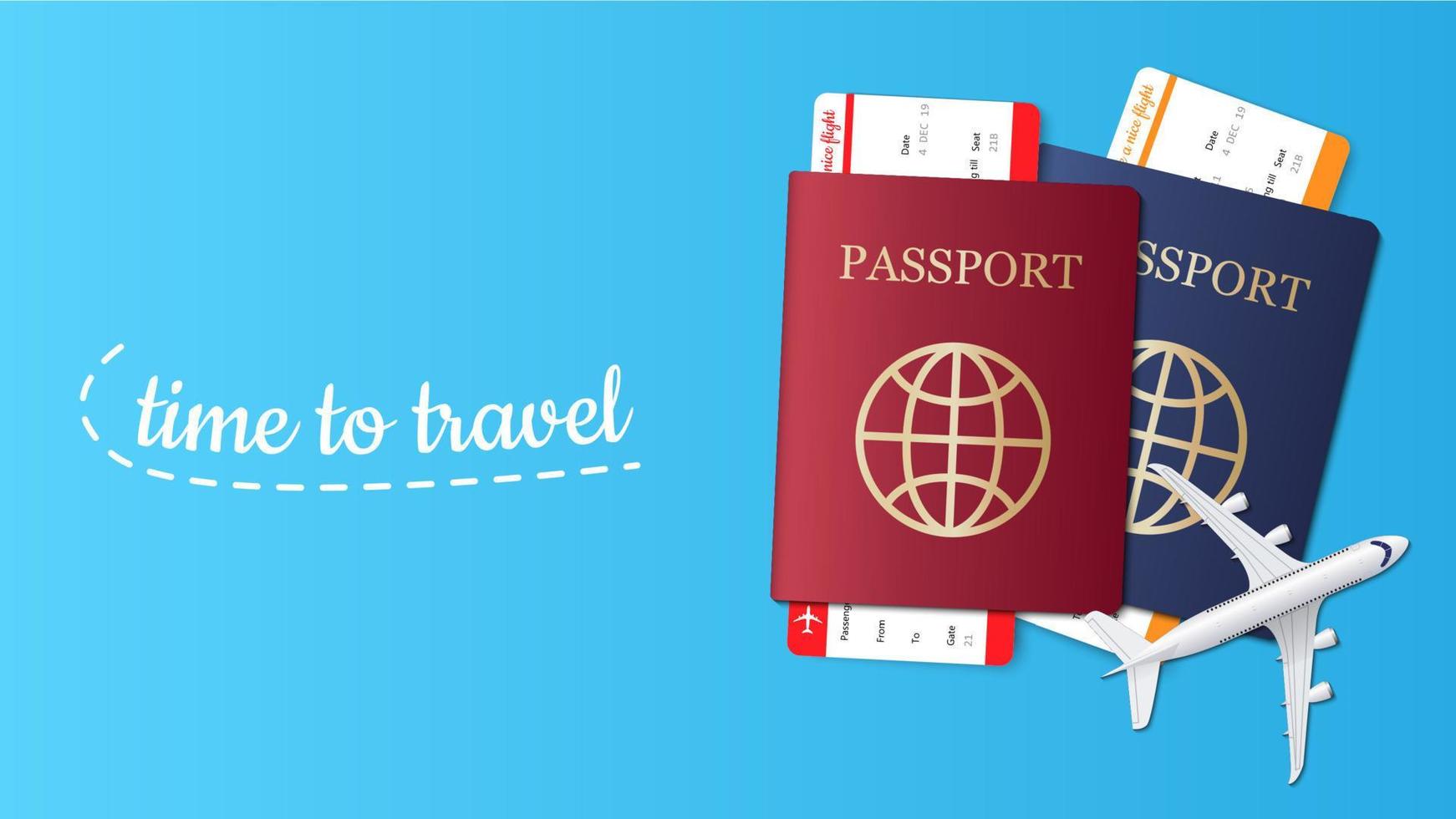 reisbannerontwerp, paspoort, ticket, vliegtuig. reis achtergrond, vectorillustratie vector