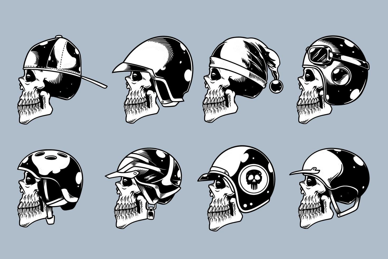 schedel hoofd met verschillende roer op illustratie set zwart-wit stijl vector